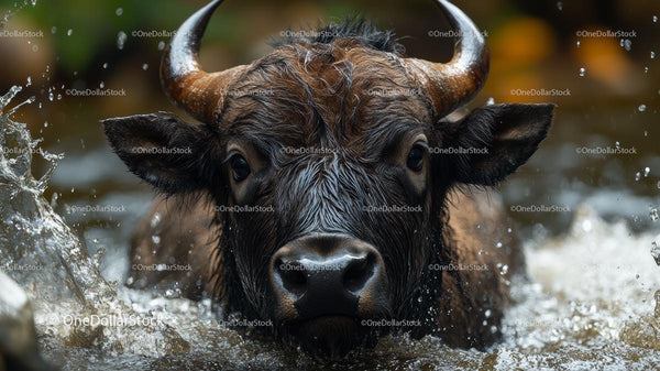 Water Buffalo Cooling Off in Vibrant Stream