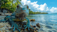 Close-Up of Iguana by Tropical Beach Waters