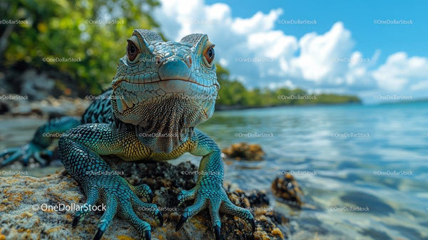 Close-Up of Iguana by Tropical Beach Waters