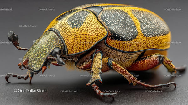 Macro Shot of a Vibrant Yellow Beetle with Black Markings