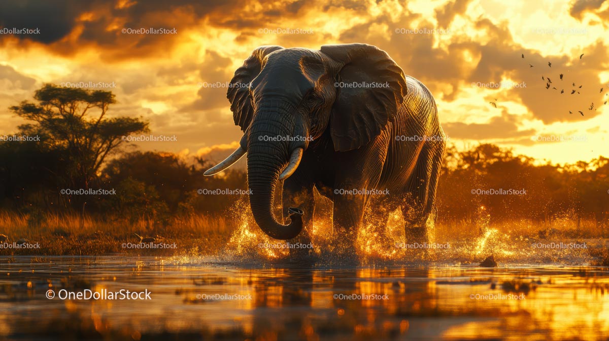 Majestic Elephant at Sunset in African Savanna