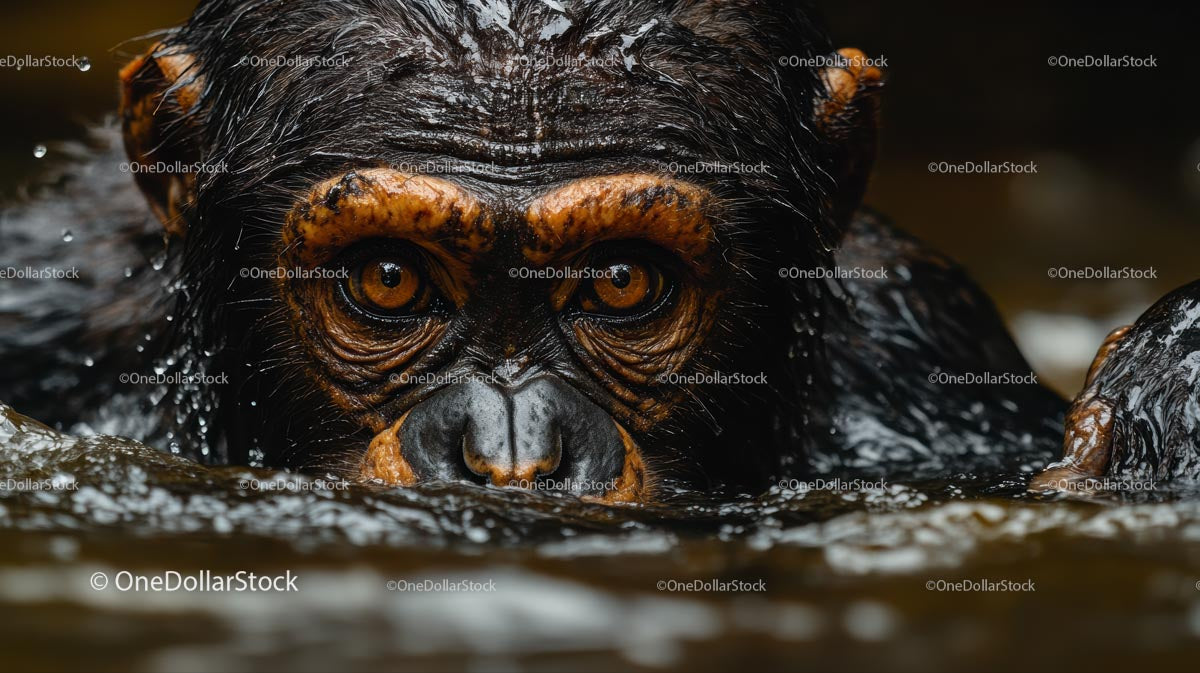 Chimpanzee Swimming Close-Up in Natural Habitat