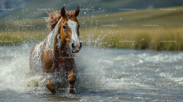 Wild Horse Splashes Through a River in Motion