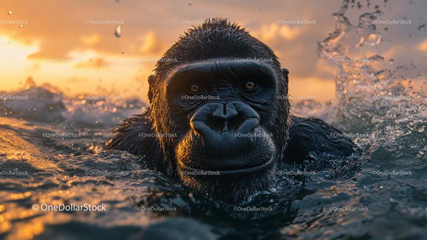 Gorilla Swimming at Sunset