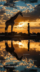 Silhouette of Giraffe and Person at Sunset by Water