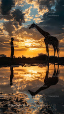 Silhouettes of Giraffe and Person at Sunset
