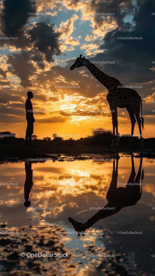 Silhouettes of Giraffe and Person at Sunset