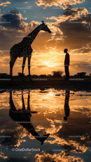 Silhouetted Giraffe and Person Against Majestic Sunset