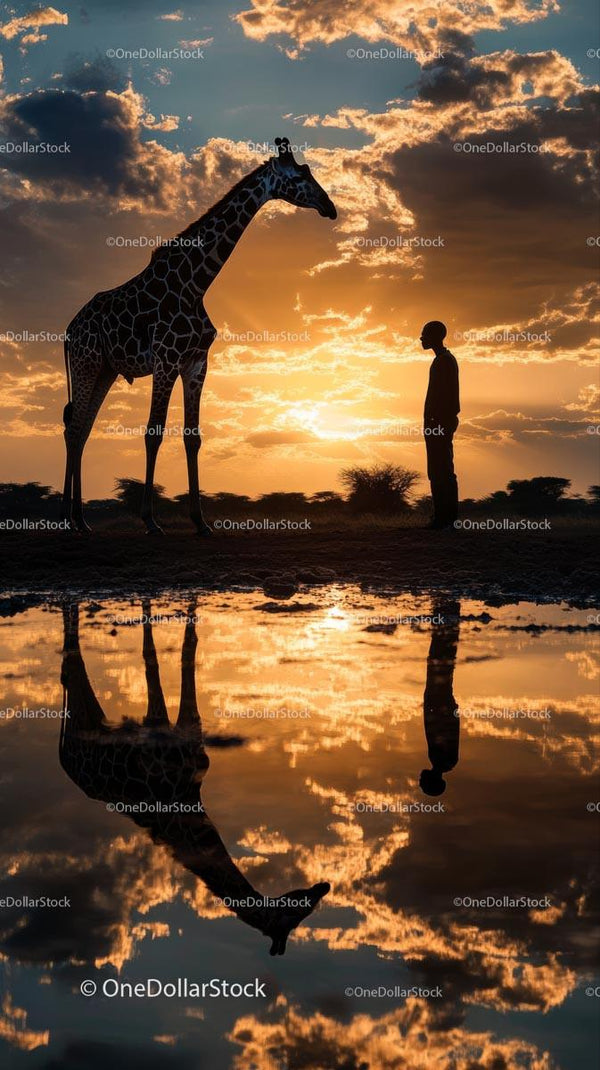 Silhouetted Giraffe and Person Against Majestic Sunset