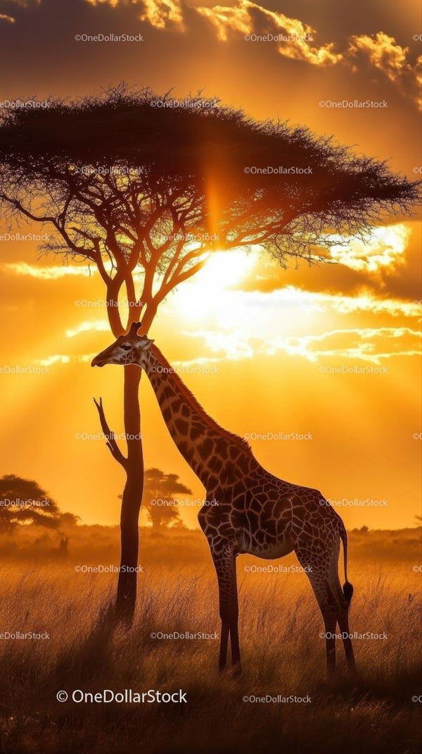 Giraffe Silhouette by Acacia Tree at Sunset in African Savannah