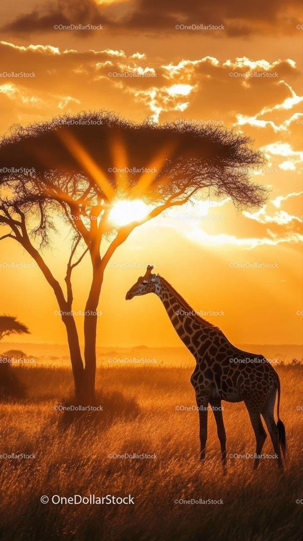 Giraffe Silhouette at Sunset on African Savannah