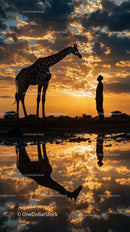 Silhouette of Giraffe and Human at Sunset