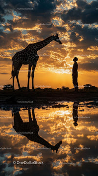 Silhouette of Giraffe and Human at Sunset