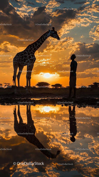 Giraffe and Human Silhouette at Golden Sunset