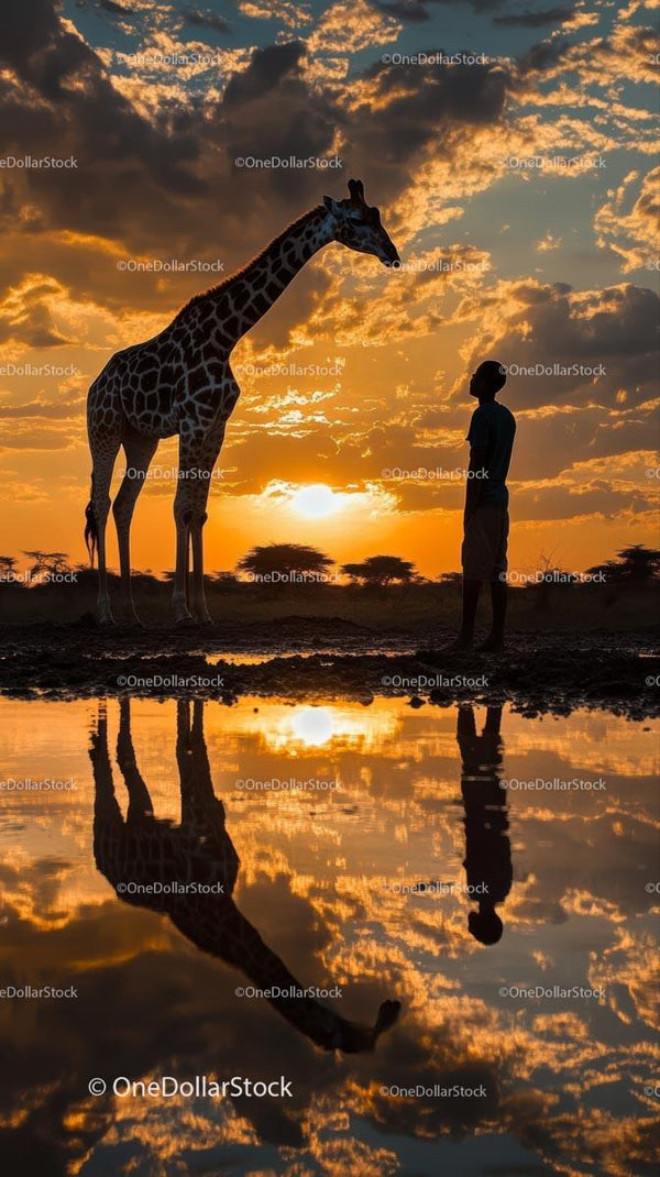 Giraffe and Human Silhouette at Golden Sunset