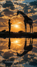 Silhouette of Giraffe and Human at Sunset Reflection