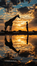 Giraffe and Human Silhouette at Sunset Reflection