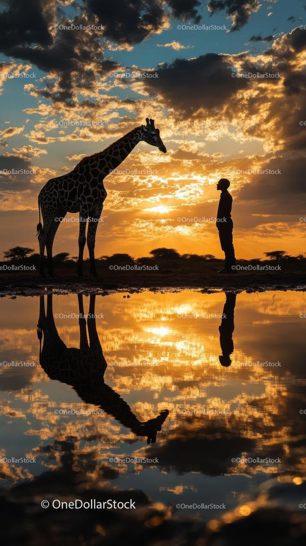 Giraffe and Human Silhouette at Sunset Reflection