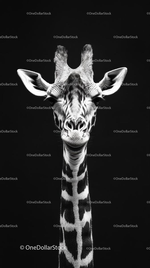 Black and White Giraffe Portrait Against Dark Background