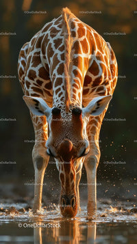 Giraffe Drinking at Sunset in the African Savannah