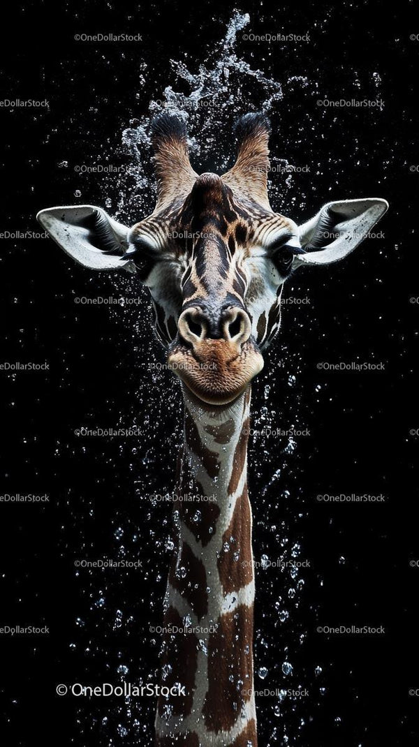 Close-up of Majestic Giraffe with Water Splash Effect