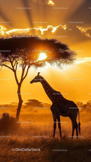 Giraffe Silhouette Against a Vibrant Savannah Sunset