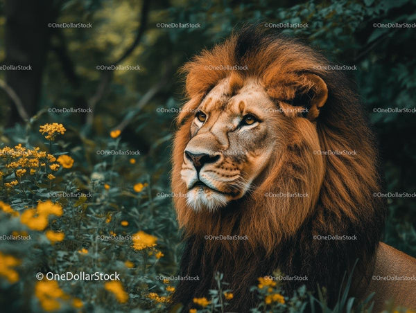 Majestic Lion Surrounded by Vibrant Yellow Flowers