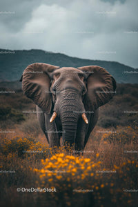 Majestic Elephant in African Savanna with Flowers