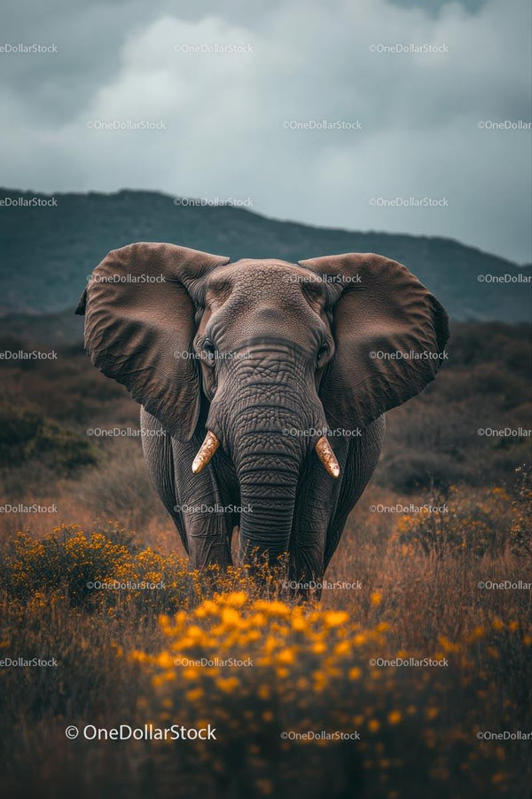 Majestic Elephant in African Savanna with Flowers