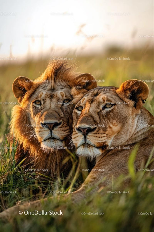 Majestic Lion Couple Resting in African Savanna