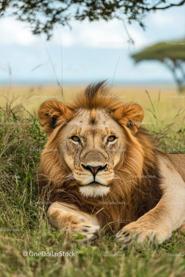 Majestic Lion Resting in the African Savanna