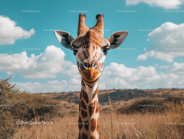 Giraffe Under Blue Sky in African Savannah