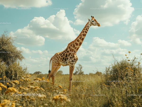 Giraffe Standing on the African Savanna Under Blue Sky