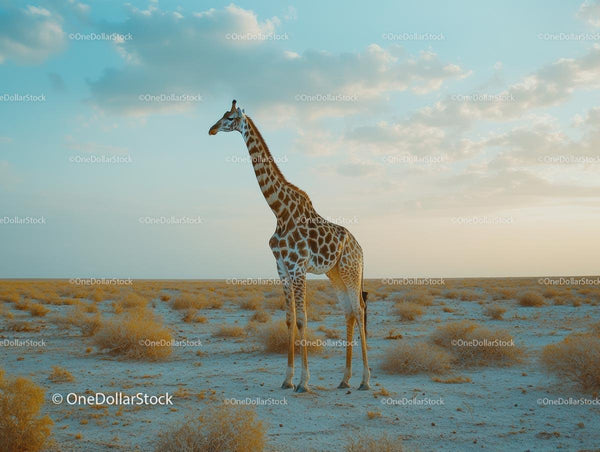 Giraffe Standing in Serene Desert Landscape at Sunset