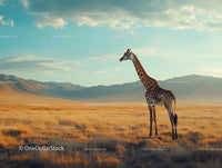 Giraffe Standing on Expansive African Savanna at Sunset