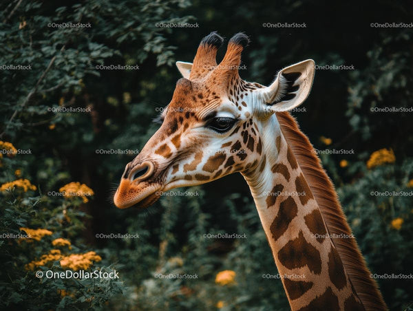 Giraffe Grazing Among Lush Greenery in Natural Habitat