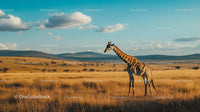Giraffe Grazing in the African Savannah Under Blue Skies