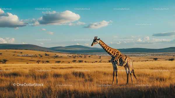 Giraffe Grazing in the African Savannah Under Blue Skies