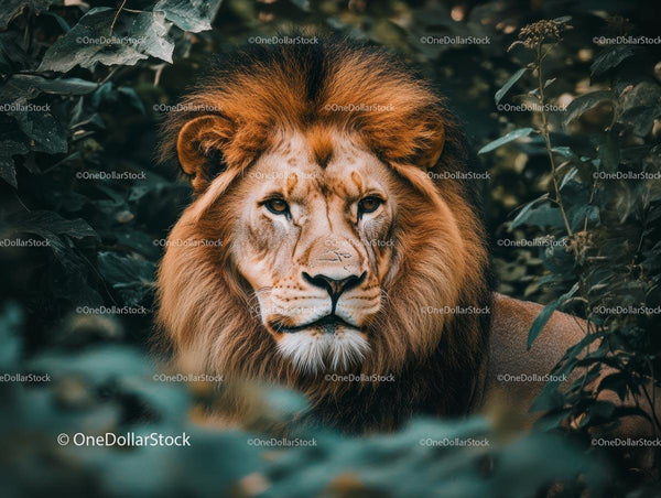 Majestic Lion Amidst Lush Greenery in Natural Habitat