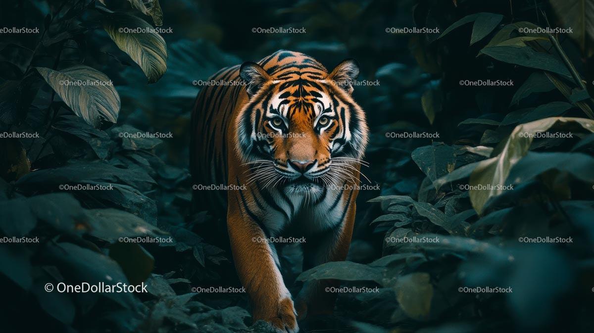 Majestic Tiger Stalking Through Lush Green Jungle