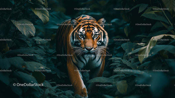 Majestic Tiger Stalking Through Lush Green Jungle