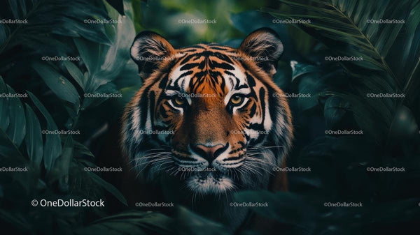 Majestic Tiger Hidden in Lush Jungle Foliage