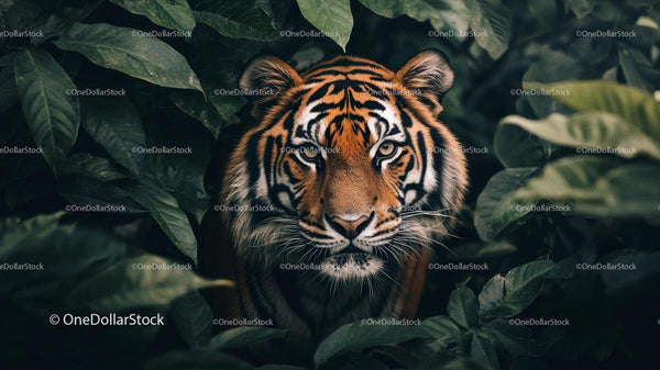 Majestic Tiger Hidden in Dense Jungle Foliage
