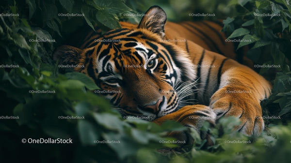 Majestic Tiger Resting Amidst Lush Jungle Foliage