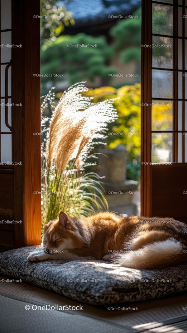 Sleeping Cat on Cushioned Mat in Sunlit Japanese Room