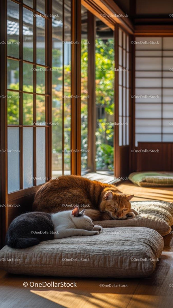 Sleeping Cats in a Sunlit Traditional Japanese Interior