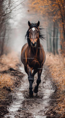 Majestic Horse Galloping on a Muddy Autumn Path