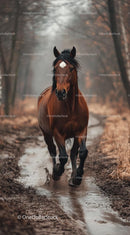 Galloping Brown Horse on a Muddy Forest Path