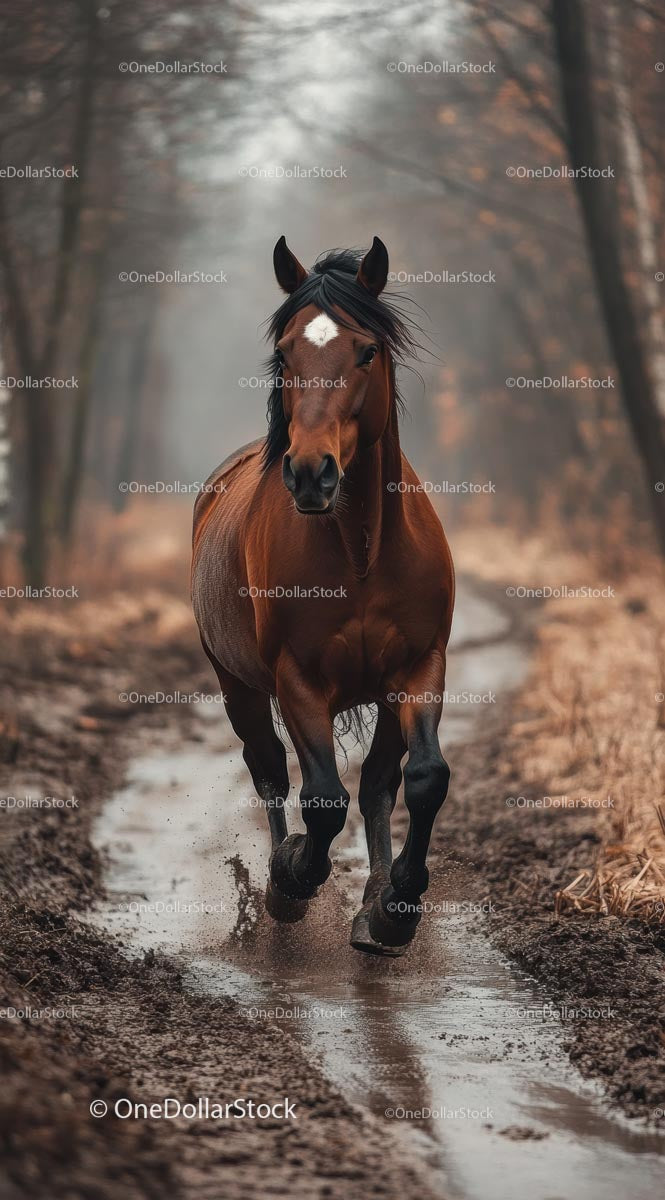 Galloping Brown Horse on a Muddy Forest Path