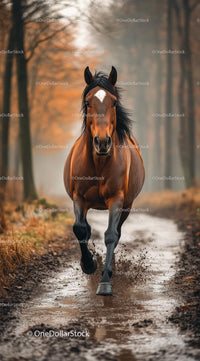 Brown Horse Galloping Through Autumn Forest